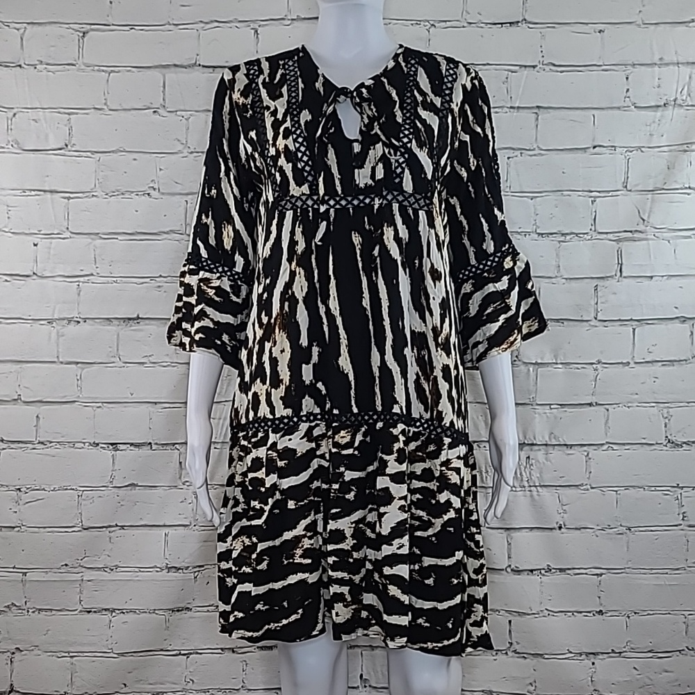 Jaase Flowy Boho Animal Print A-Line Babydoll Mini Dress in Black/Brown/Cream